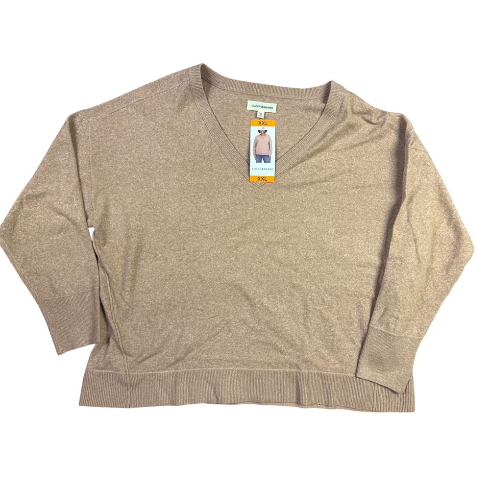 Lucky Brand V-Neck Sweater XXL Cognac Brown Long Sleeve Relaxed Knit Top NEW - Picture 2 of 9